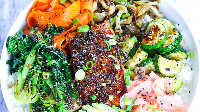 garlic and ginger soy glazed salmon bowl