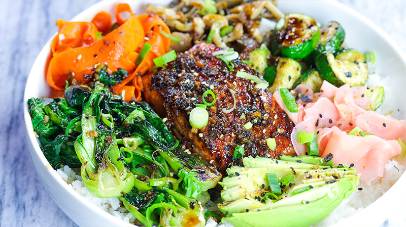 garlic and ginger soy glazed salmon bowl