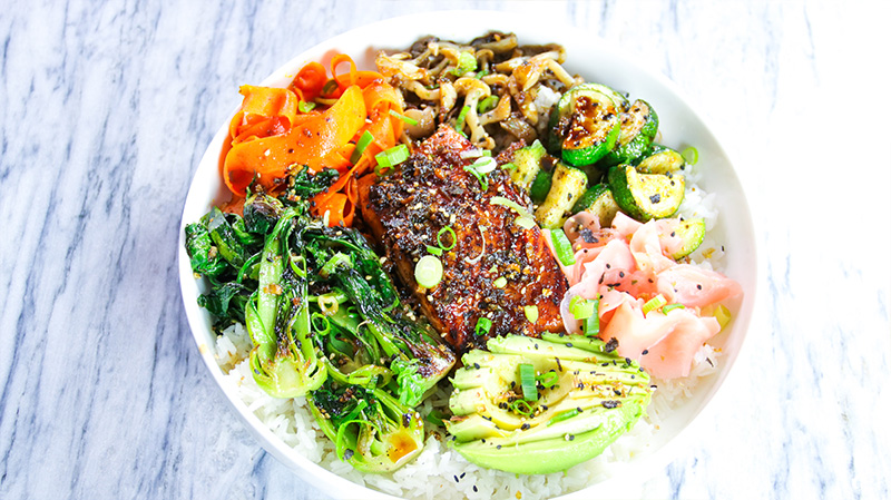 garlic and ginger soy glazed salmon bowl