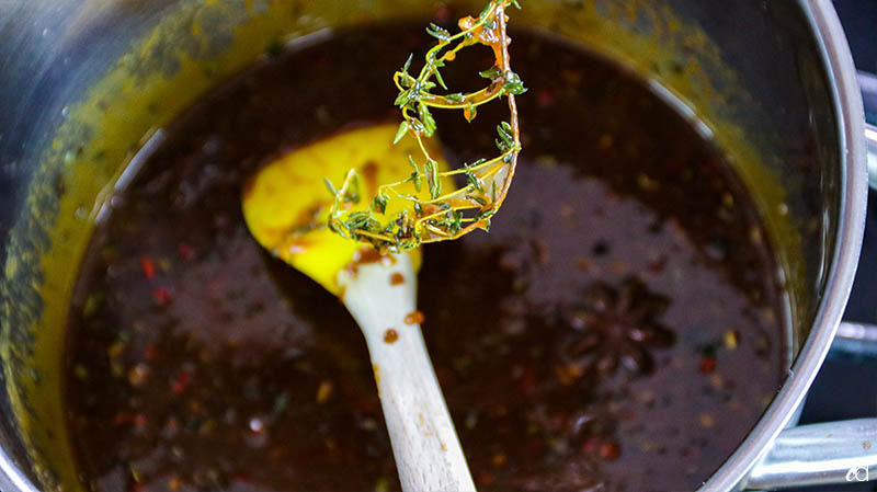 removing thyme stems from savory caramel