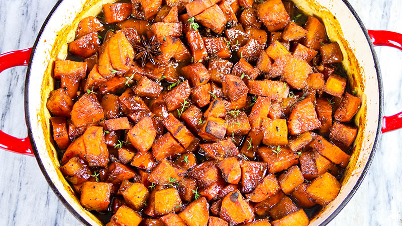 Roasted Sweet Potatoes with Savory Cider Caramel