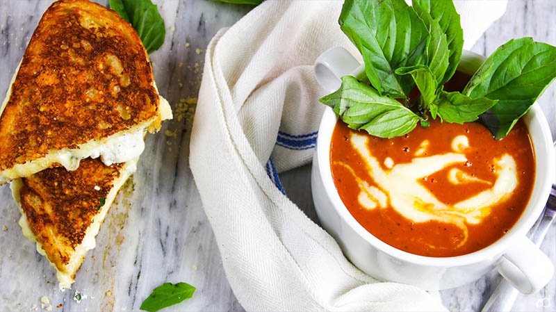 Roasted Garlic Tomato Basil Soup with Ricotta Grilled Cheese