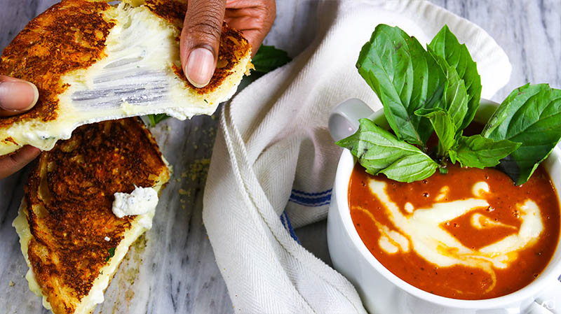 Roasted Garlic Tomato Basil Soup with Ricotta Grilled Cheese