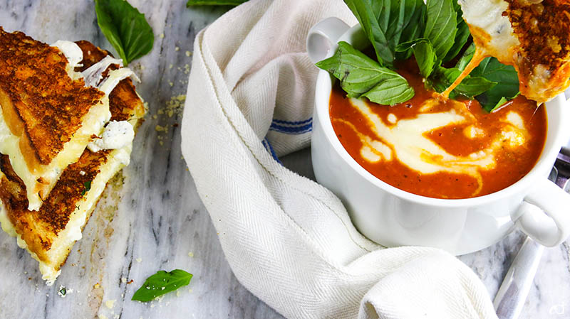 Roasted Garlic Tomato Basil Soup with Ricotta Grilled Cheese