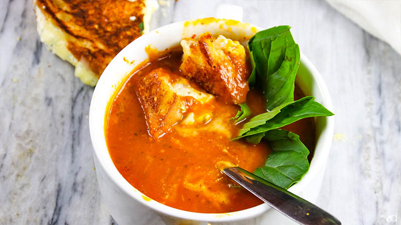 Roasted Garlic Tomato Basil Soup with Ricotta Grilled Cheese